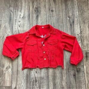 Vintage Y2K red distressed denim jacket